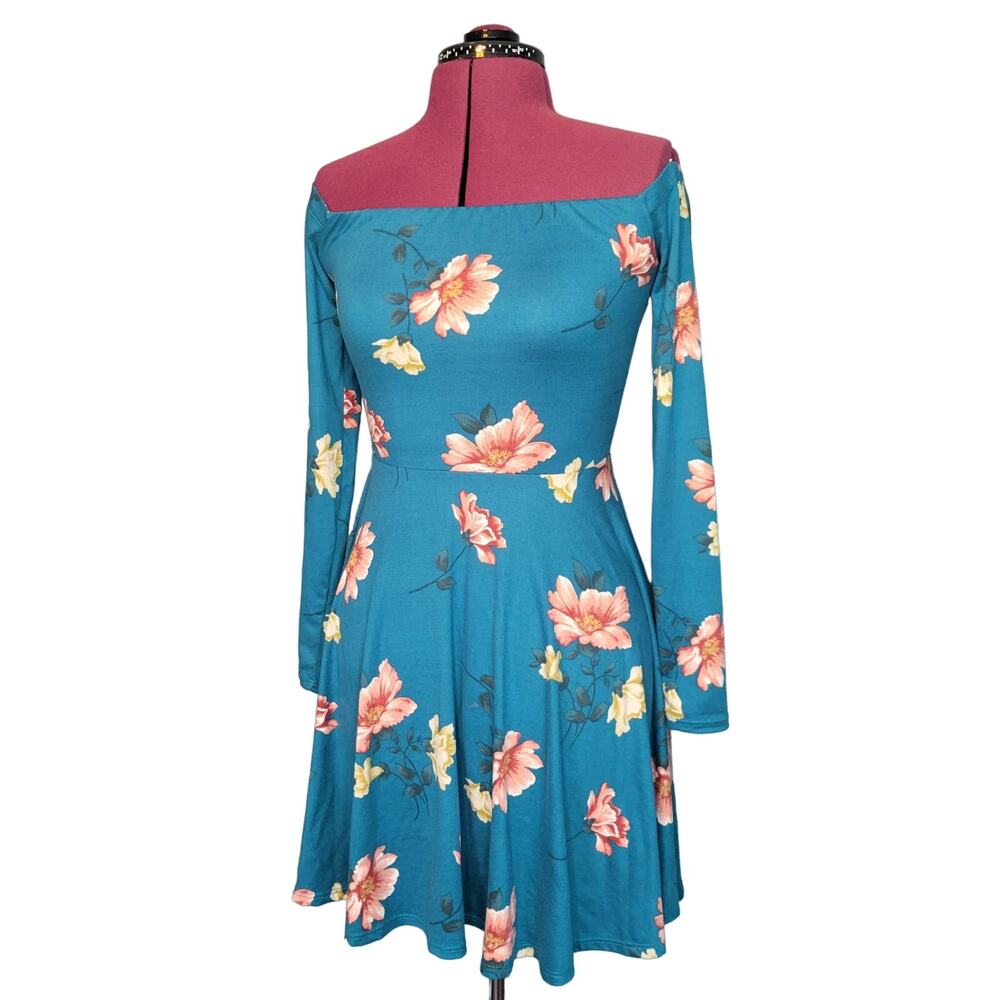 Nine Britton Maxon Brushed Knit Teal Blue Multi Floral Off The Shoulders Dress S